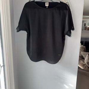 Anne Klein Black Satin-Look Short Sleeve Blouse with Lace Trim